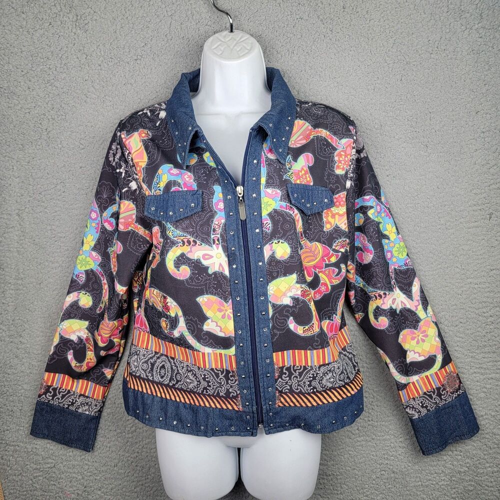 Vintage Abstract Cubism Zip Jacket M Multicolor Studded